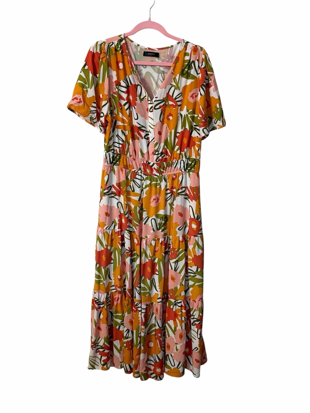 Zesica Women’s Short Flowy Sleeve V-Neck Floral Multicolor Maxi Dress Sz L GUC
